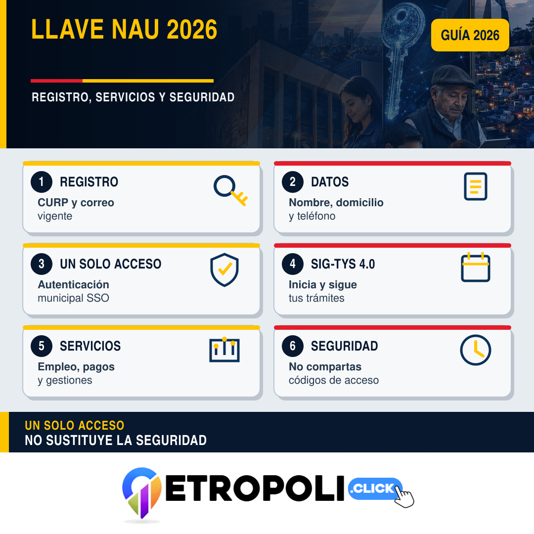 Llave NAU 2026: registro y trámites en línea 🔑 2 Infografía sobre Llave NAU 2026, registro, servicios y seguridad