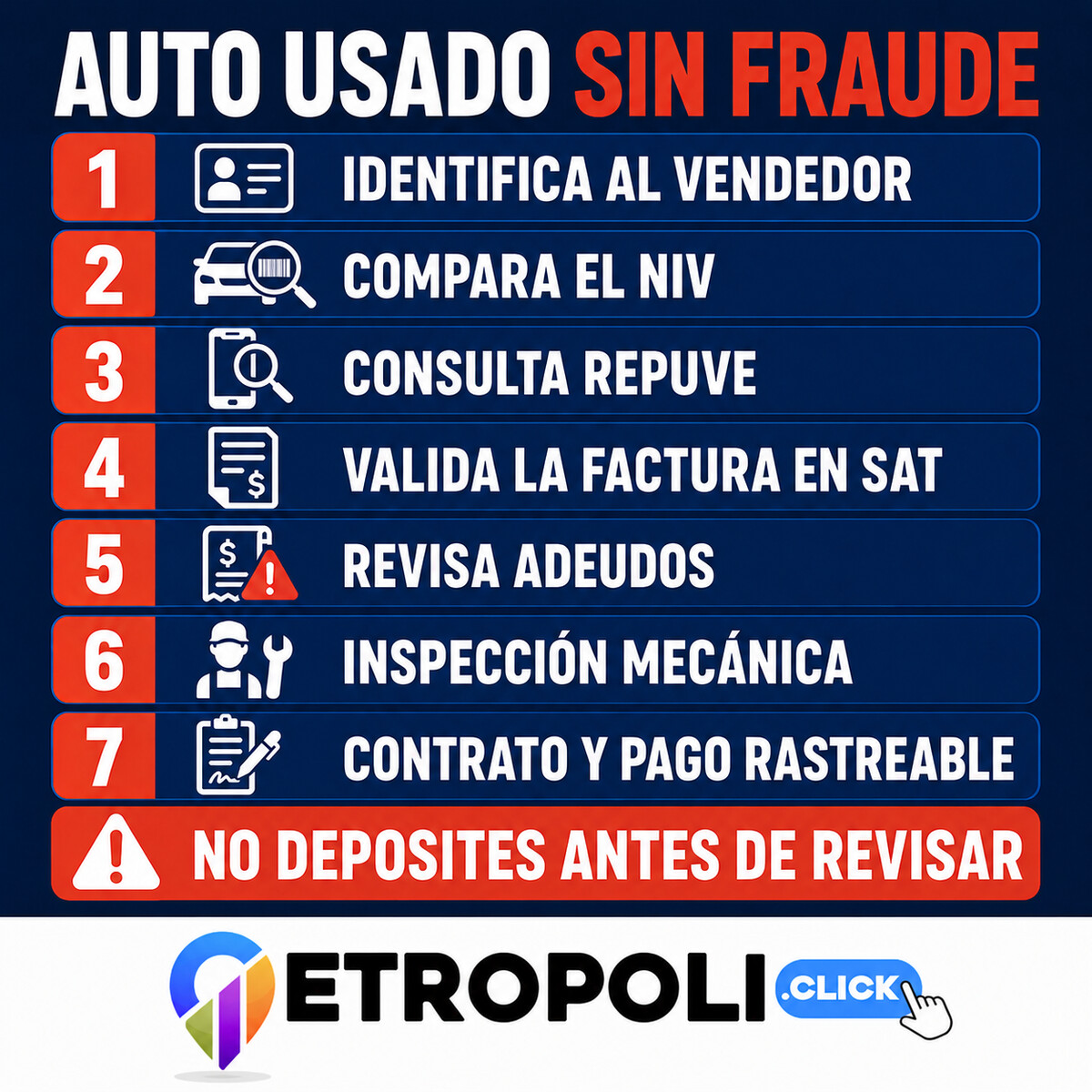 Infografía con diez revisiones para comprar un auto usado sin caer en fraude
