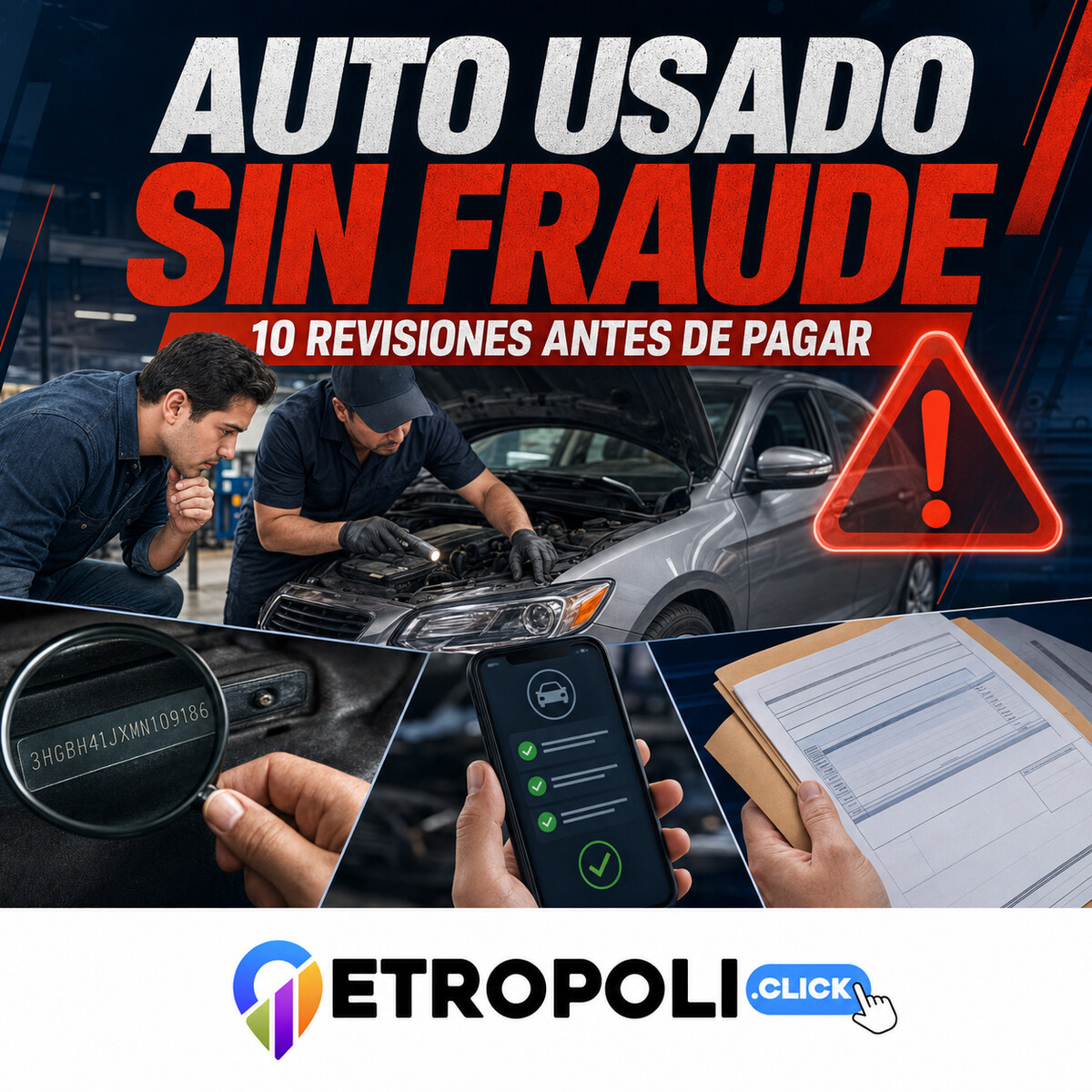 Portada cuadrada con automóvil usado, lupa, factura y alerta de fraude