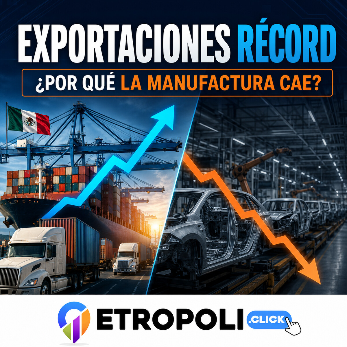 Portada cuadrada sobre exportaciones récord y debilidad manufacturera de México en 2026