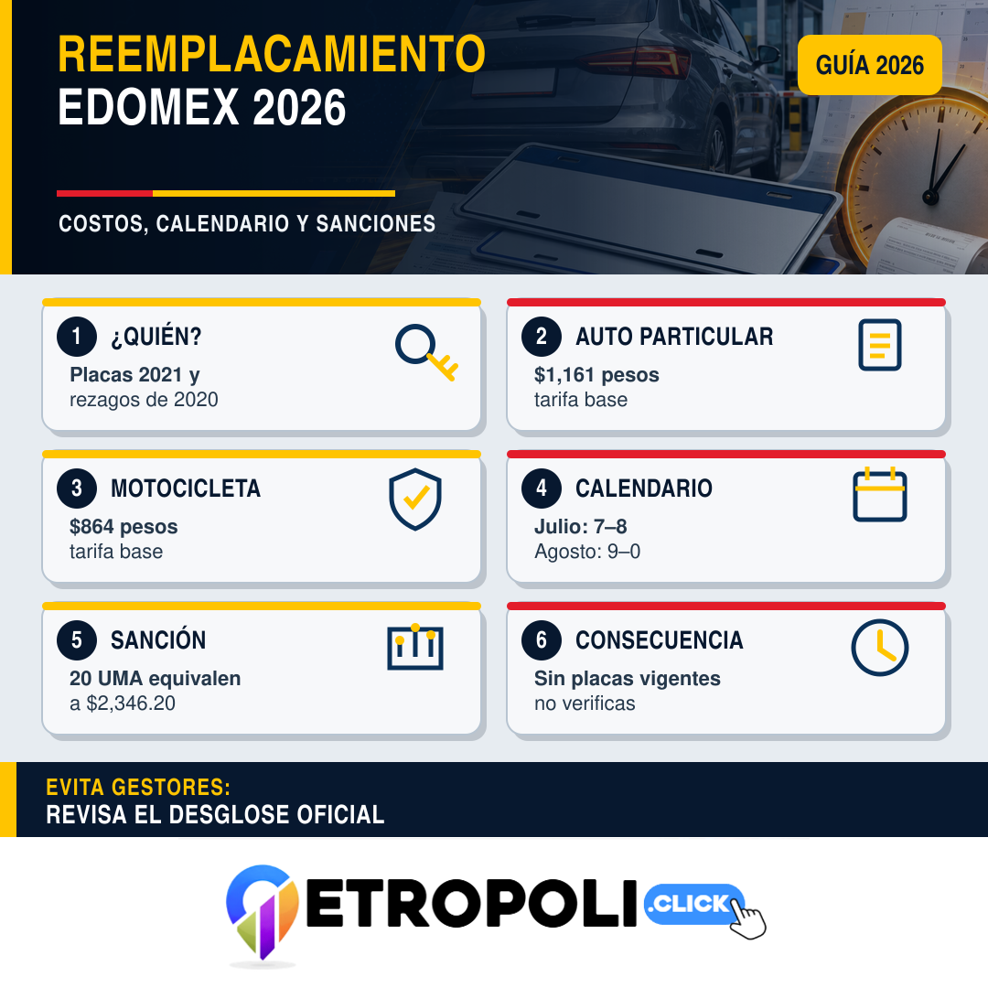 Infografía del reemplacamiento Edomex 2026 con calendario, costos y requisitos