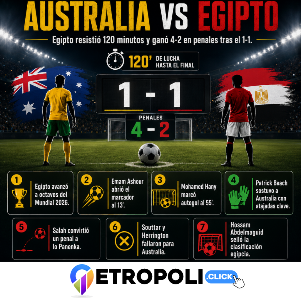 Australia vs Egipto: análisis del 1-1 y triunfo egipcio en penales en el Mundial 2026 ⚽ 1 Infografia Australia vs Egipto: análisis del 1-1 y triunfo egipcio en penales en el Mundial 2026 ⚽