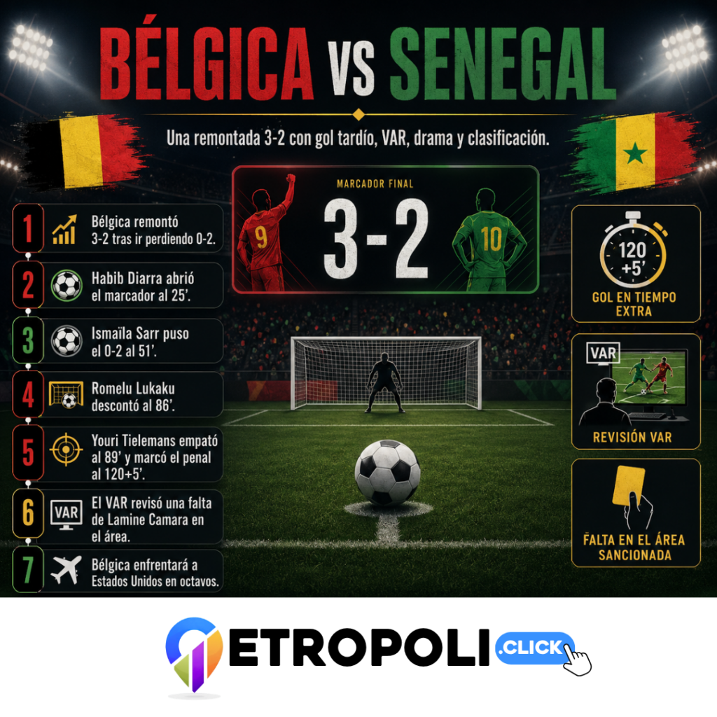 Infografia Bélgica vs Senegal: análisis del 3-2 que cambió todo en el Mundial 2026 ⚽