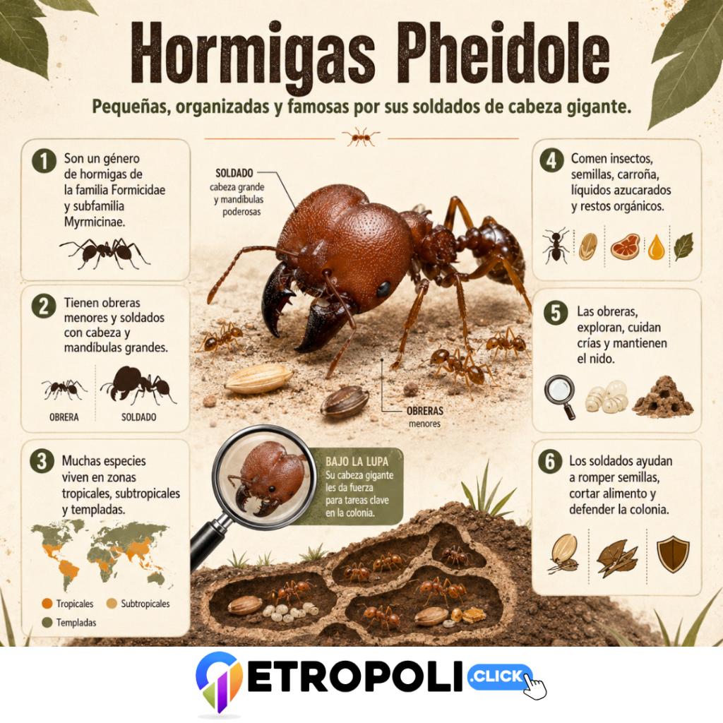 Hormigas Pheidole: qué son, cómo viven y por qué importan 🐜 1 Infografia pheidole