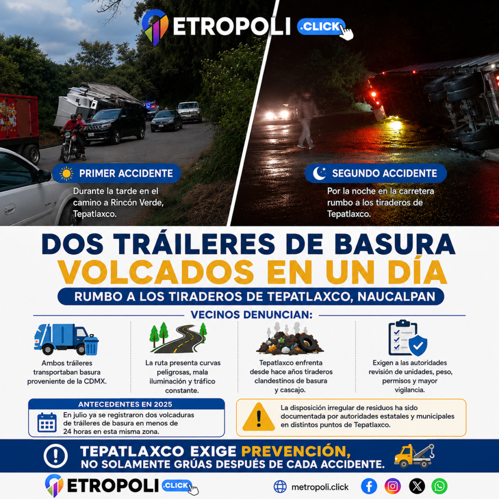Dos tráileres de basura vuelcan el mismo día en Naucalpan rumbo a Tepatlaxco 1 infografia DOS TRAILERES VOLCADOS EN UN DIA