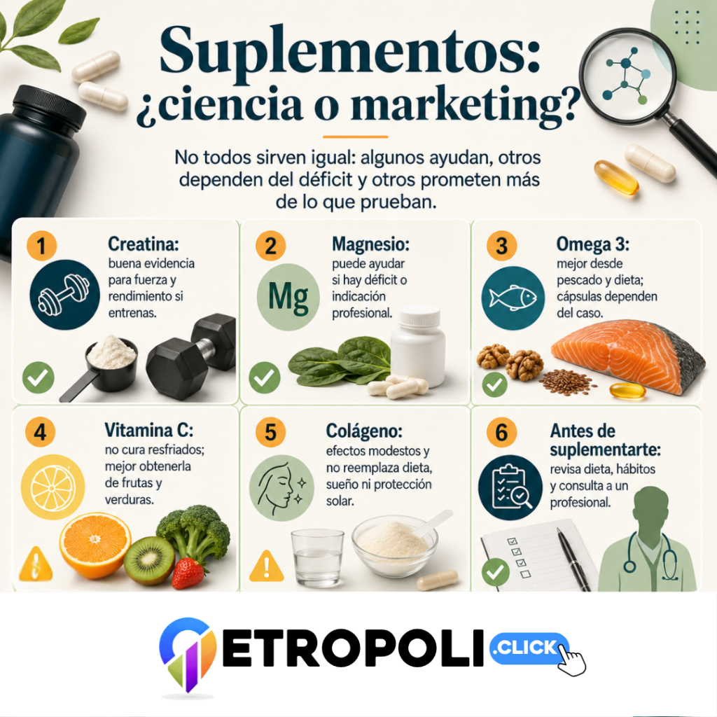 Suplementos alimenticios: cuáles sí sirven 💊vitamina C, omega 3, colágeno, magnesio, creatina 1 infografia de suplementos alimenticios