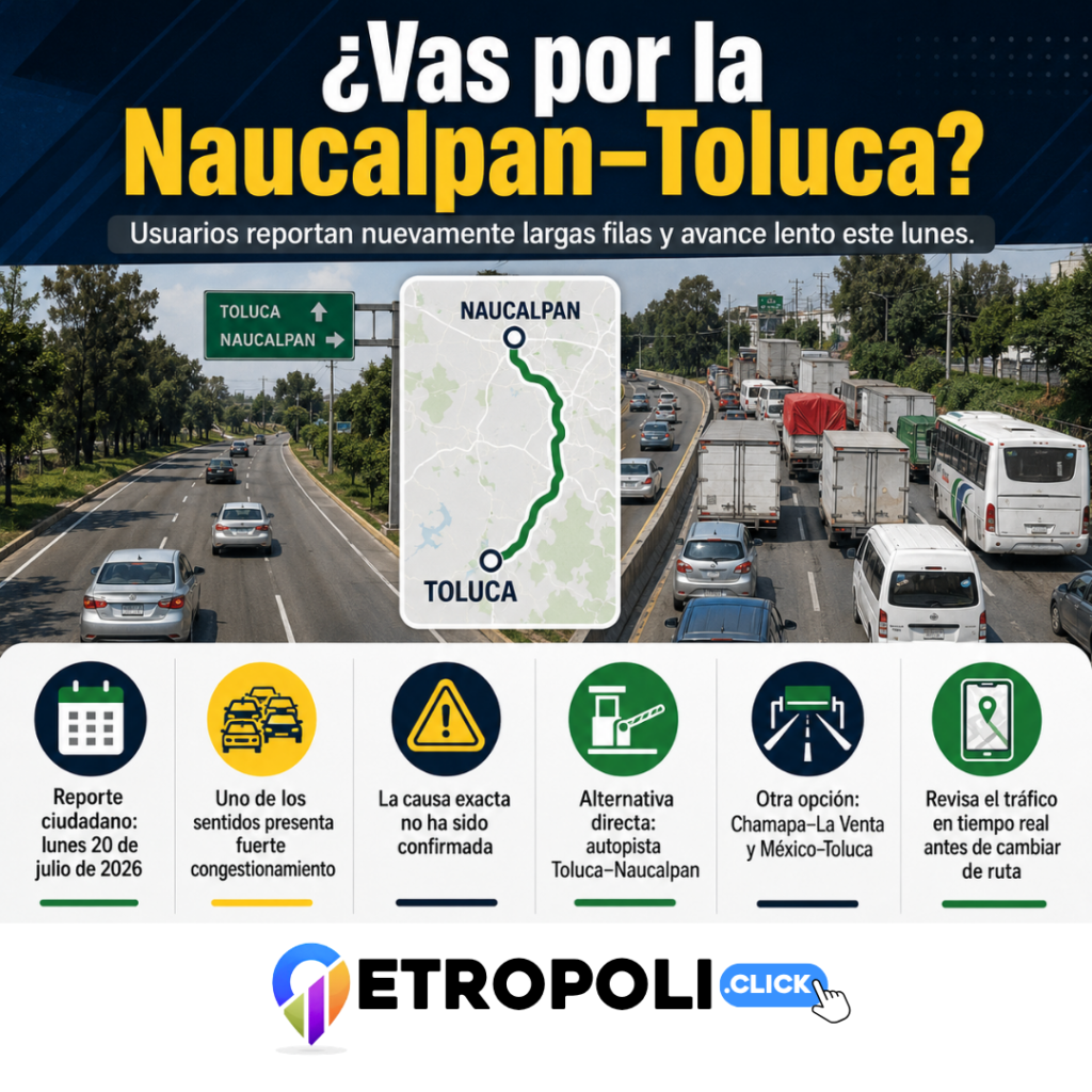 Infografia Tráfico en la Naucalpan–Toluca hoy: reportan caos vial 20/07/2026 🚗