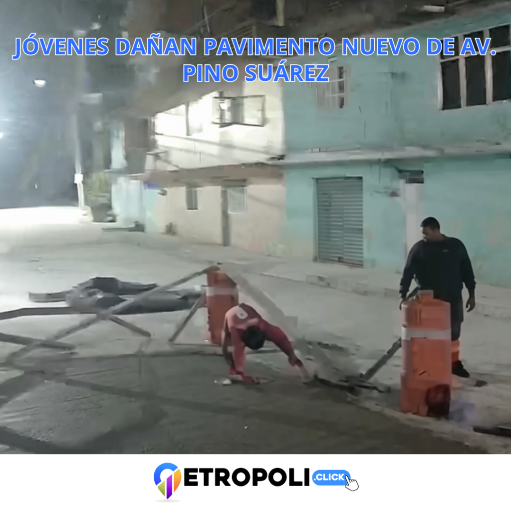 Jóvenes captados dañando concreto fresco de avenida Pino Suárez en San Lorenzo Totolinga, Naucalpan