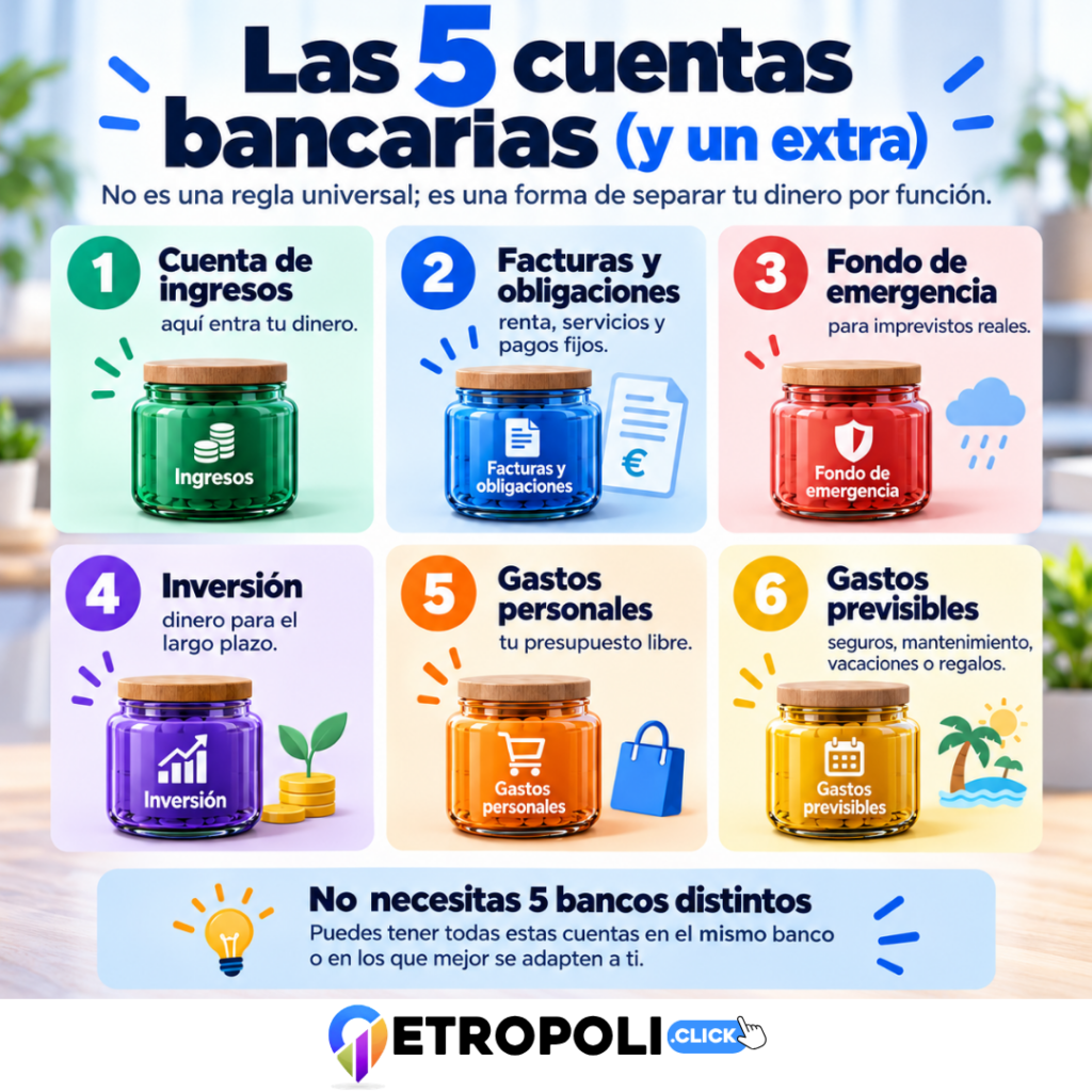Infografia 5 cuentas bancarias: cómo organizar tu dinero sin mezclar gastos y ahorro